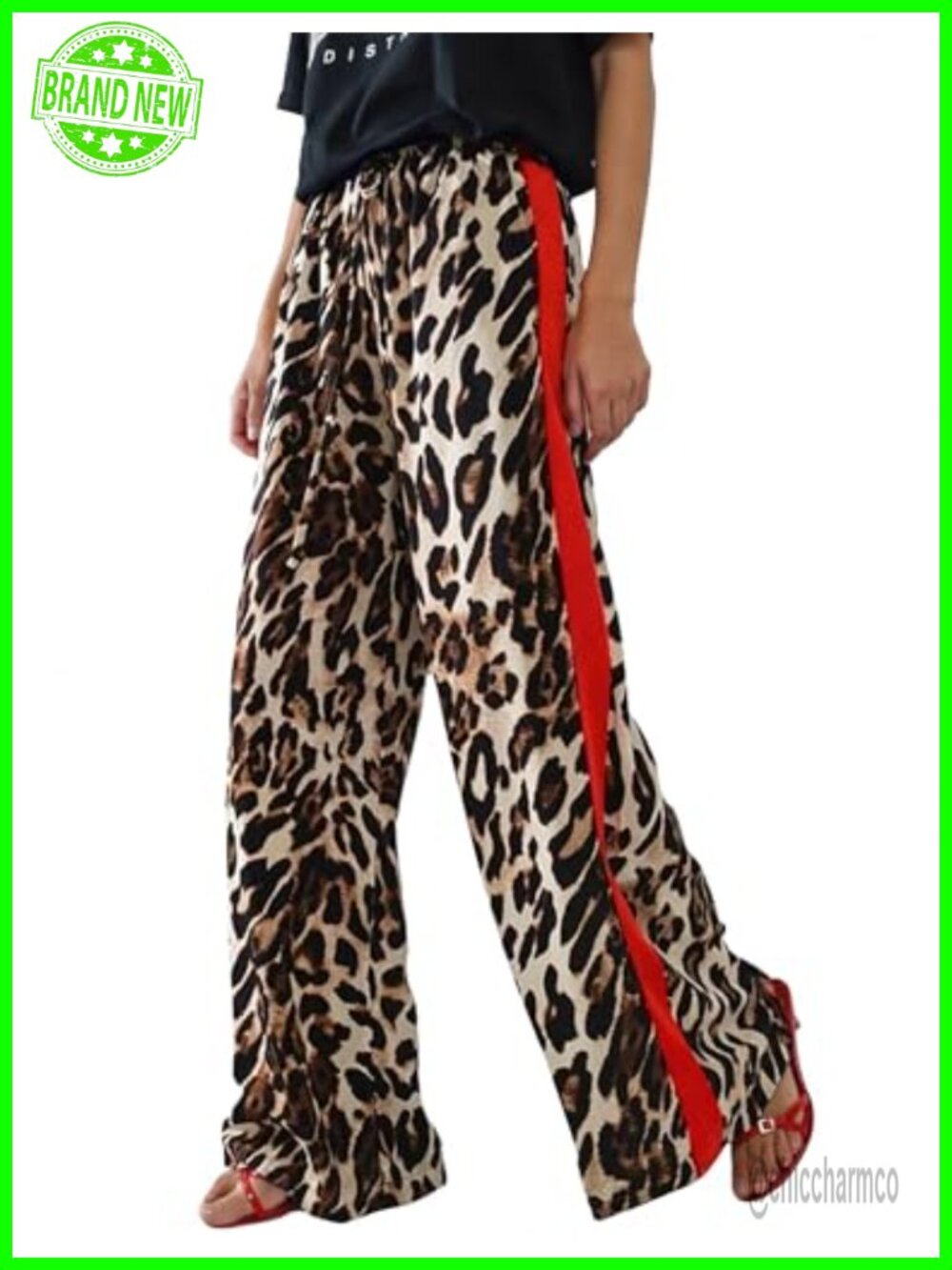 Rapbin Womens Leopard Wide Leg Palazzo Pants Drawstring High Rise Side Striped